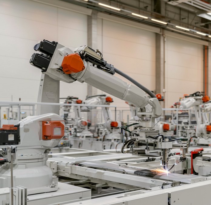 A robot arm on an assembly line, welding.